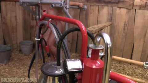 Blonde in barn gets milked while guy plays with her pussy